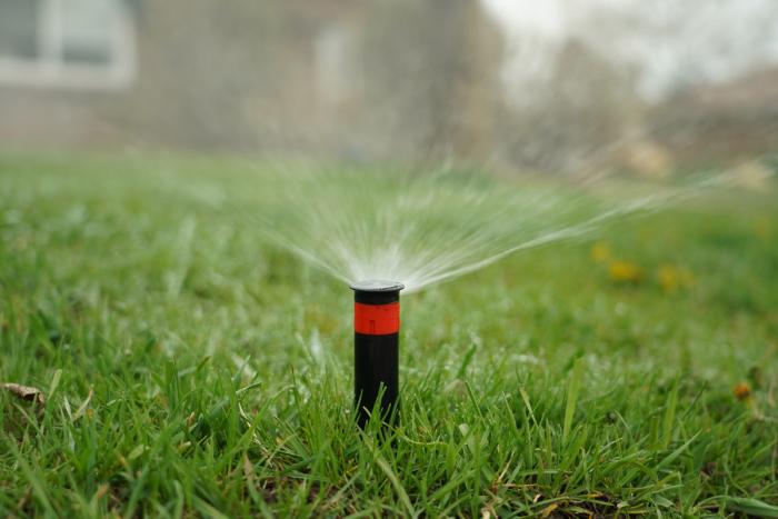 A sprinkler in a green lawn. 