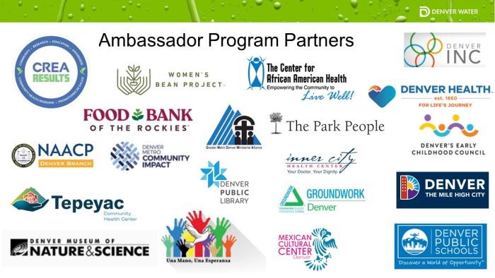 A slide showing logos of community organizations, including the Denver chapter of the NAACP, the Denver Museum of Nature and Science, Denver Public Schools and the Denver city government. 