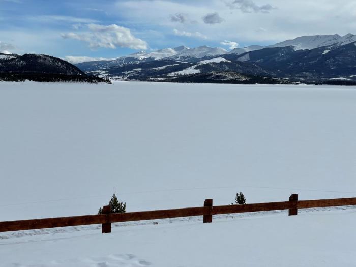 Photo of scenic Dillon Reservoir after the March 2024 spring snowstorm