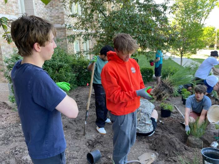 Students plant shrubs and grasses