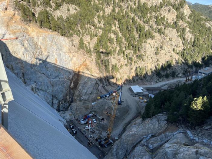 View from the top of Gross Dam, looking down at the base