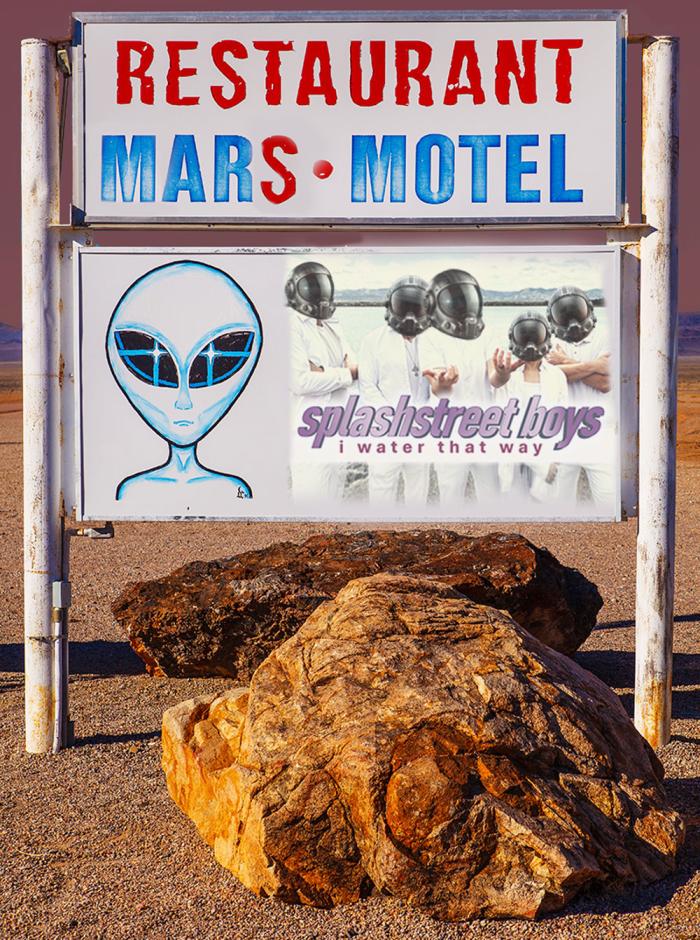 Fictional sign on Mars advertising a restaurant and motel. 