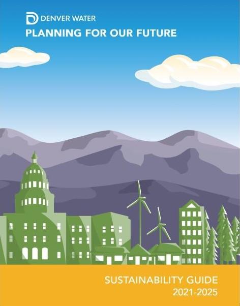 Graphic of mountains, trees and buildings. 