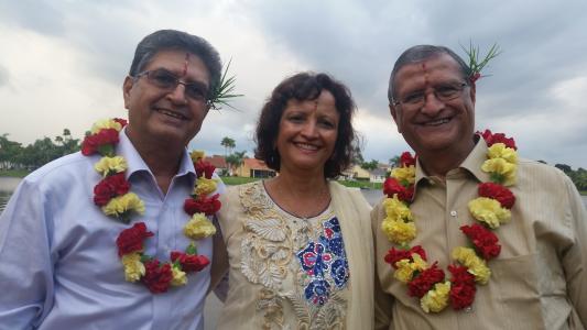 Usha Sharma and two of her older brothers, Bheem Kattel (left) and Bijaya Kattel, after the ceremony honoring siblings on the fifth day of Tihar, also known as Diwali. Photo credit: Usha Sharma.