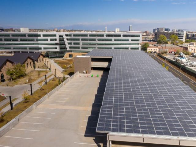 Solar panels on top of a building