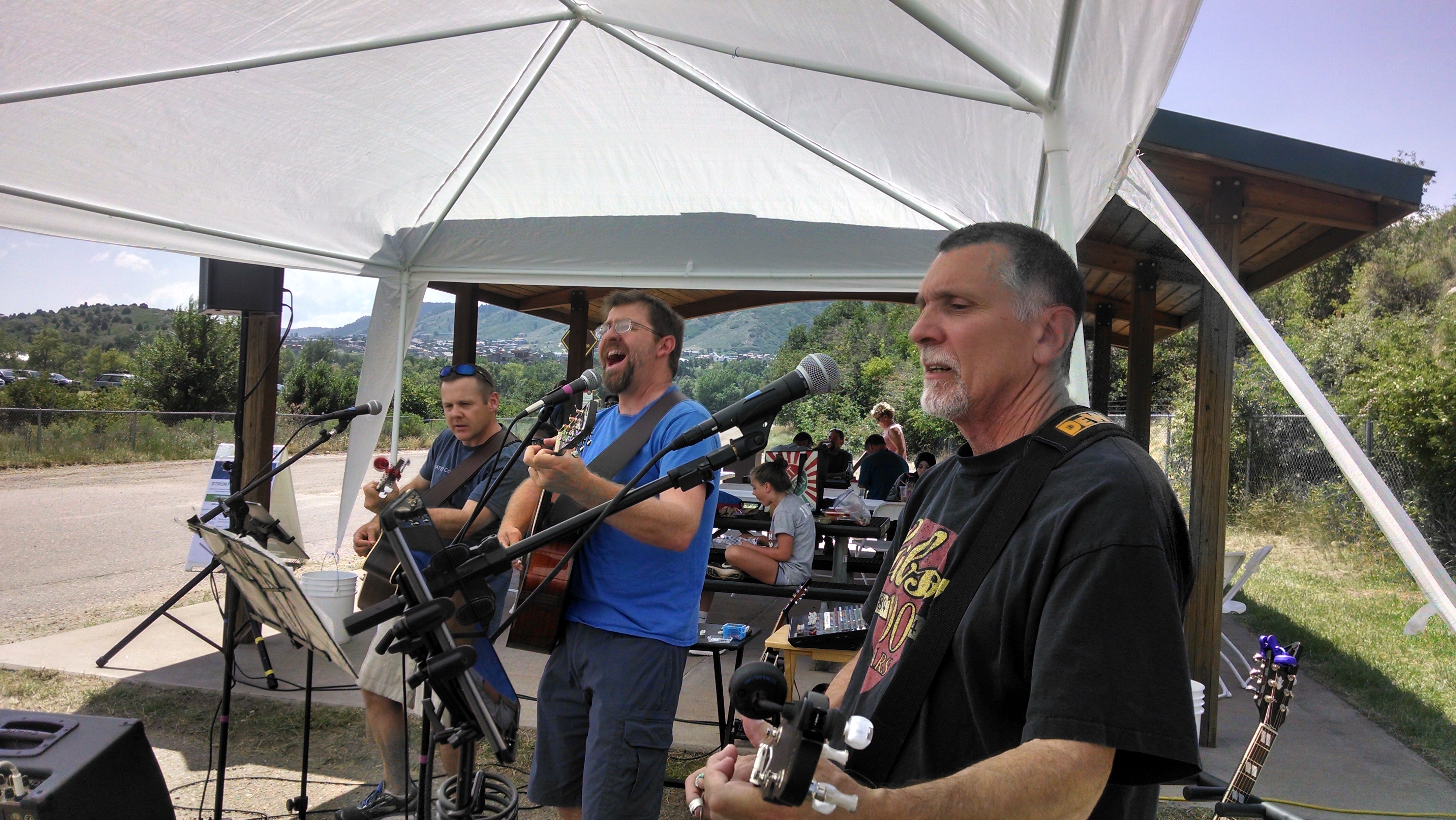 Pennies on the Track, made up of current and former Denver Water employees, provided music for the 100th anniversary celebration in Waterton Canyon on Aug. 10. From left, the band members Brian Good, chief administrative officer, Jack Keith, engineer, and Neil Sperandeo, former manager of recreation.