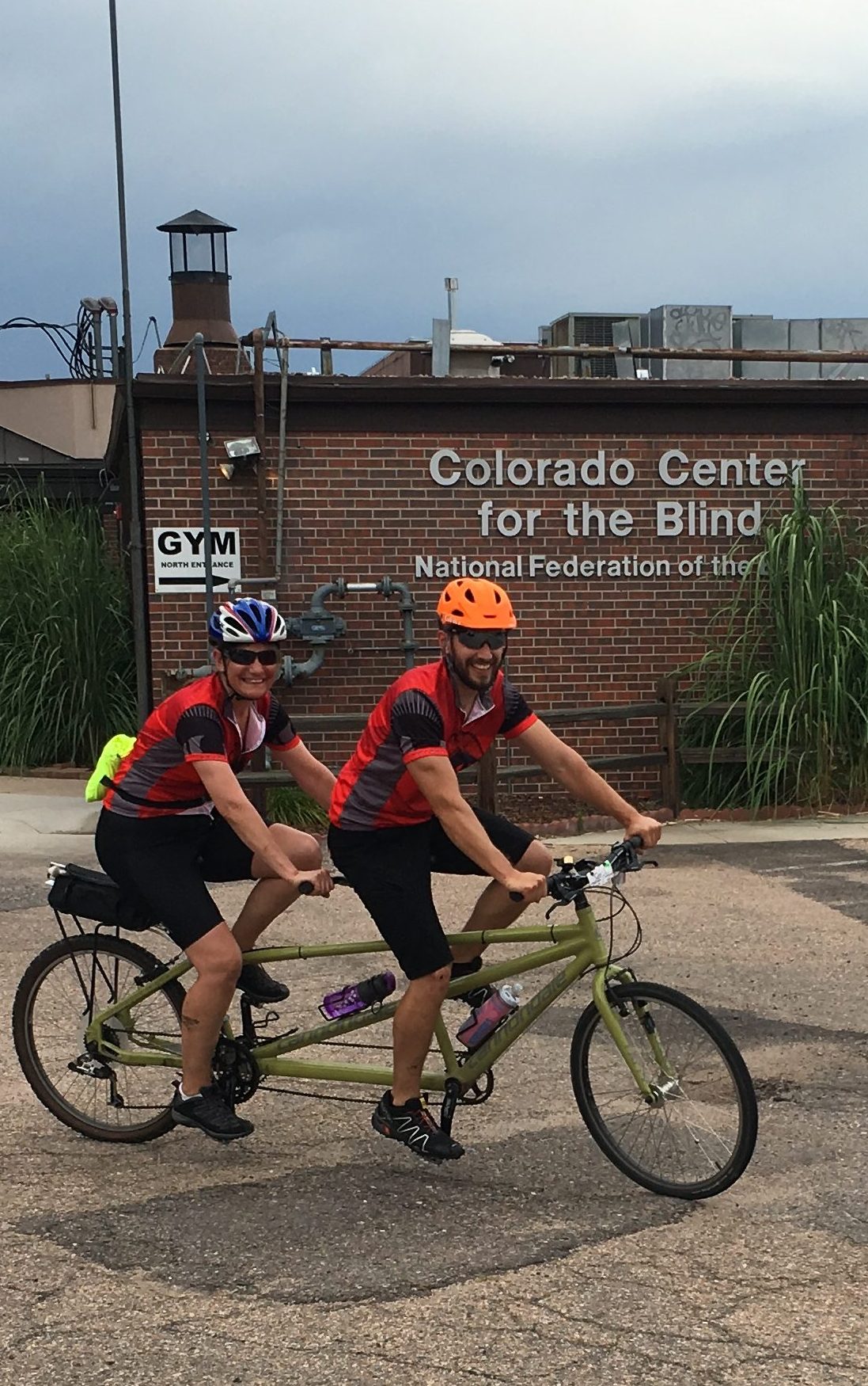 Nathan Elder and Susan Gengler starting their ride at Colorado Center for the Blind in Littleton. 